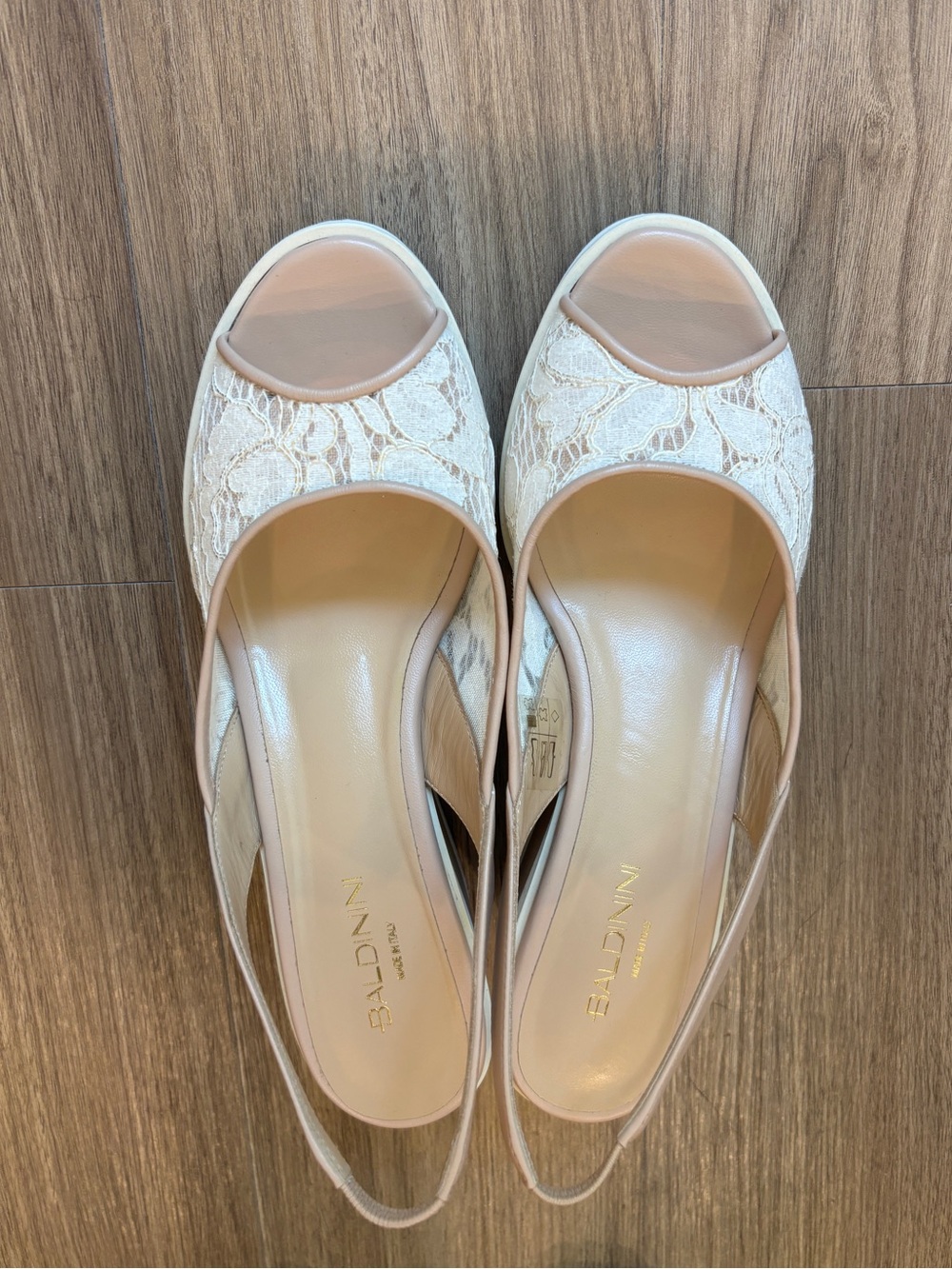 Baldinini Ivory Lace Slingback Wedge Sandals